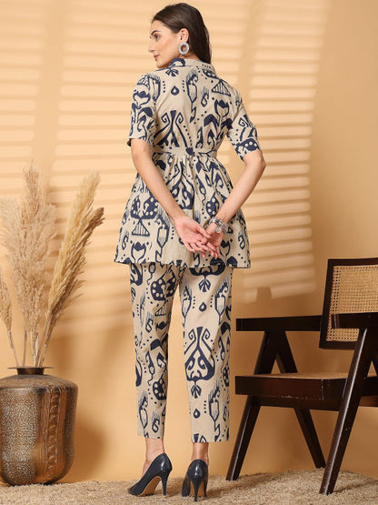 Blue & Beige Printed Pure Cotton Co-Ord Set for Women