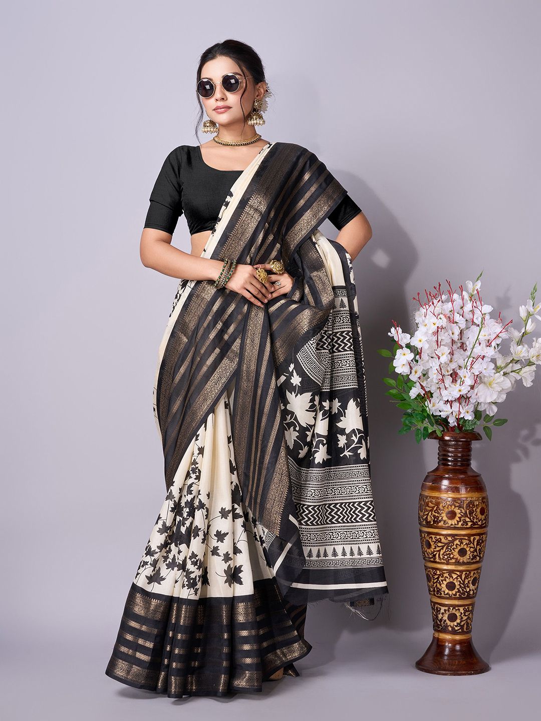 Black & White Floral Printed Chanderi Saree with Zari Border & Blouse Piece