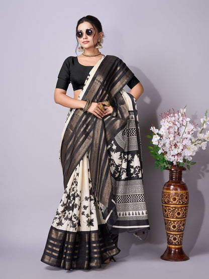 Black & White Floral Printed Chanderi Saree with Zari Border & Blouse Piece