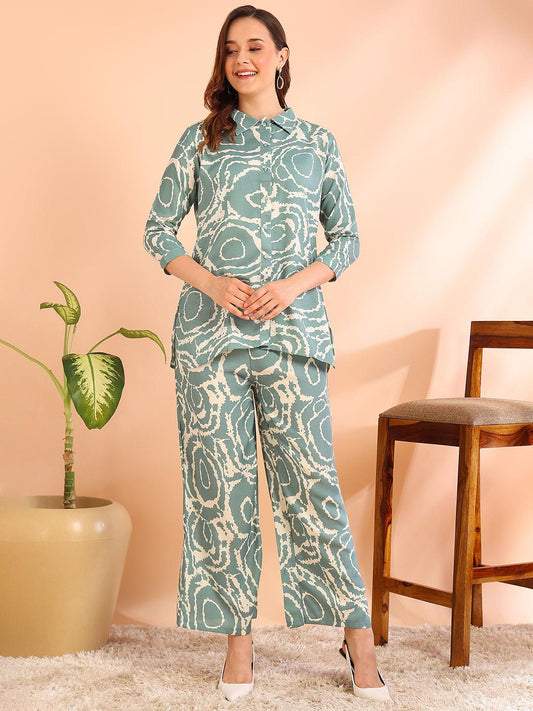 BYMN VYR Printed Shirt Collar Neck Shirt With Palazzos