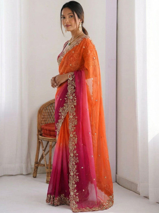 Multicoloured & Orange Ombre Dyed Embroidered Saree