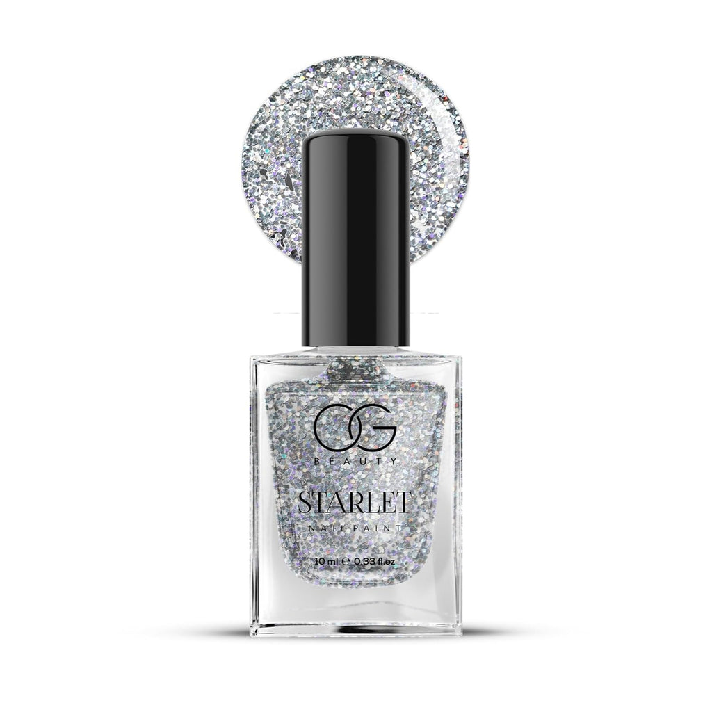 OG Beauty Silver Moonlight Starlet Glitter Nail Paint 10 ML – Quick Dry, Long-Lasting Sparkling Nail Polish for Party & Festive Look