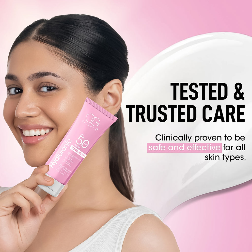 OG Beauty Science+ Hyaluronic Sunscreen SPF 50 PA+++ – Broad Spectrum UVA/UVB Protection, Lightweight Non-Greasy Face & Body Sunblock with 0.5% Hyaluronic Acid & 0.2% Ceramide, Dermatologically Tested for All Skin Types – 50 ML