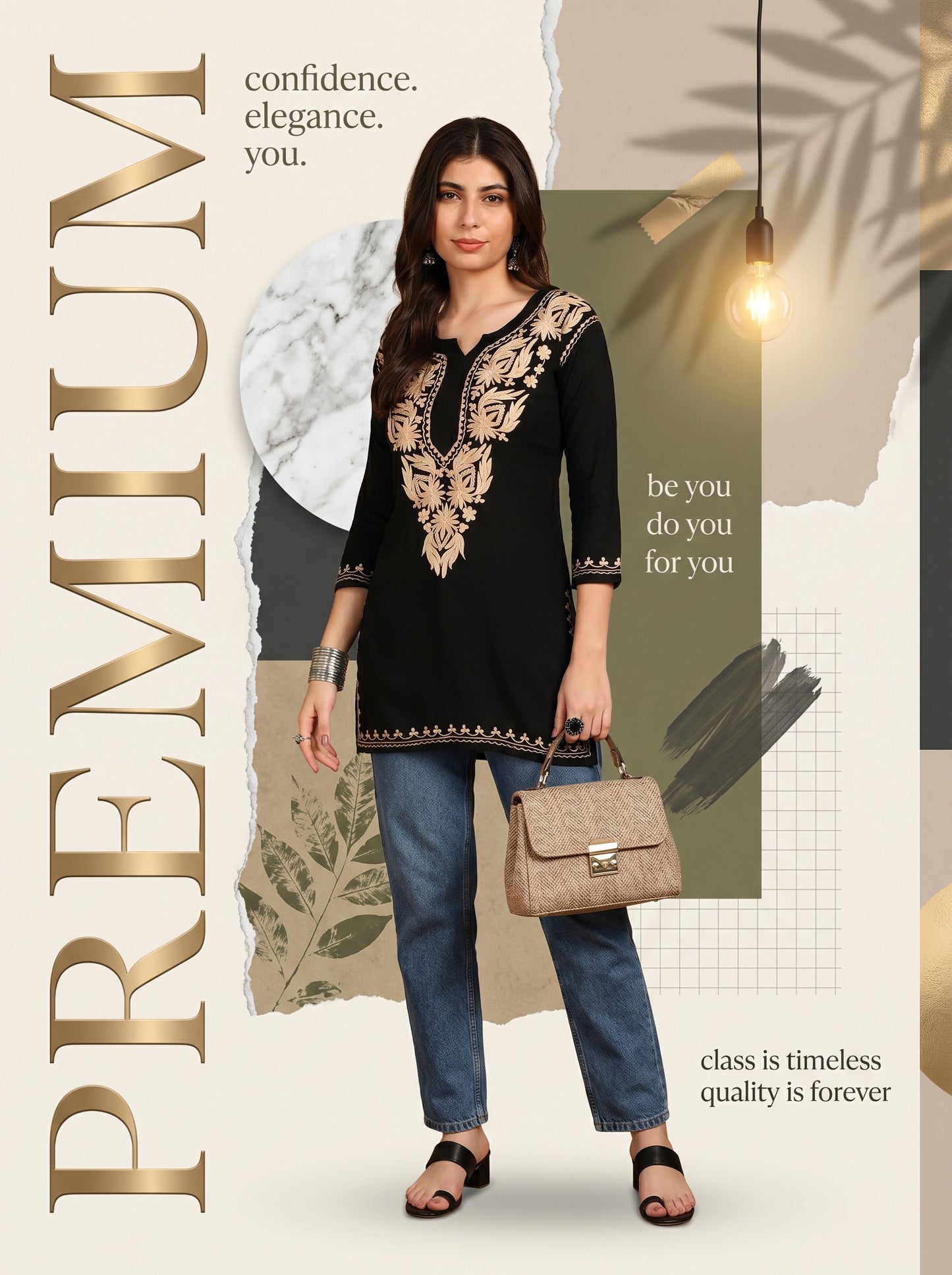 Black Gold Aari Work Kurti for Women | Embroidered Straight Liva Kurta