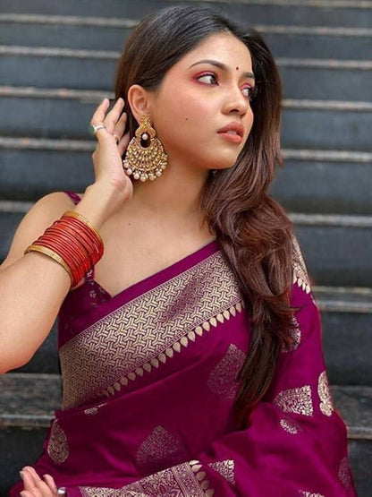 Maroon Banarasi Litchi Silk Saree with Zari Woven Design & Jacquard Blouse