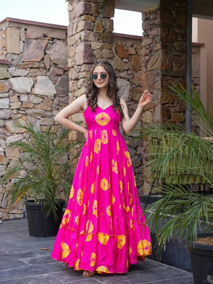 Pink Floral Georgette Maxi Dress – Flared Party Wear Gown