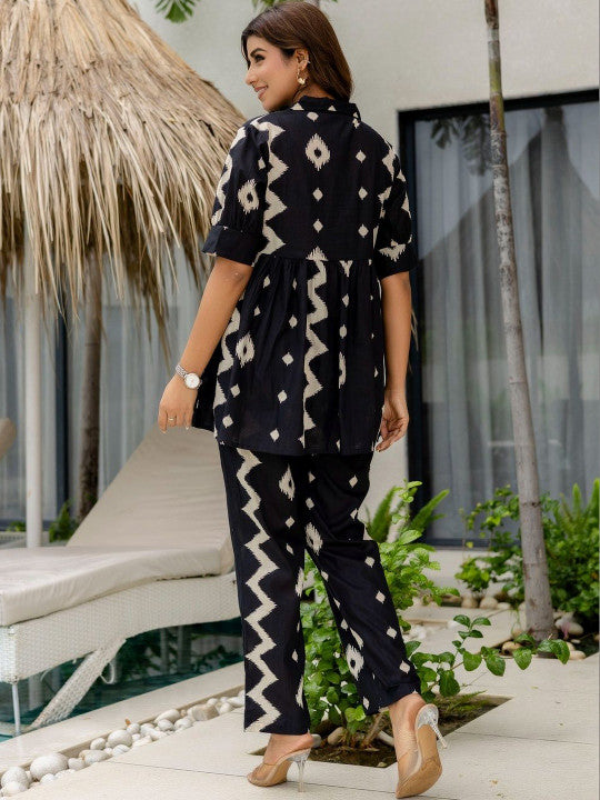 Black & Beige Printed Cotton Co-Ord Set for Women