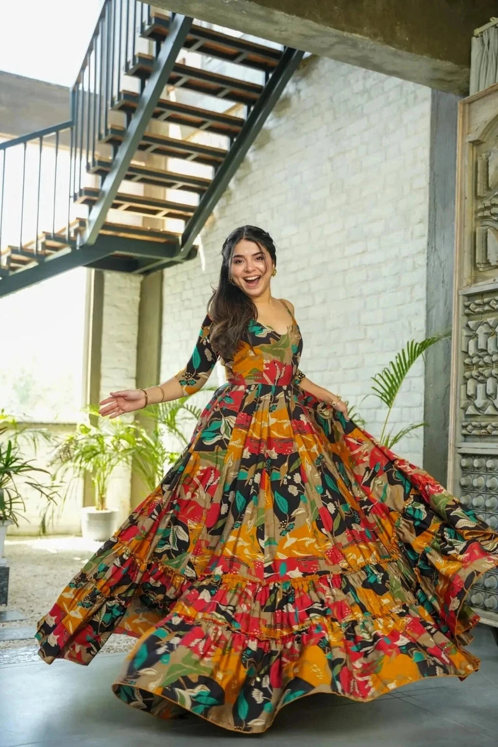 Floral Printed Anarkali Gown with Sweetheart Neck & 3/4 Sleeves