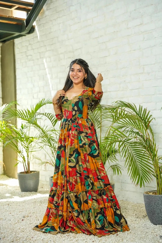 Floral Printed Anarkali Gown with Sweetheart Neck & 3/4 Sleeves