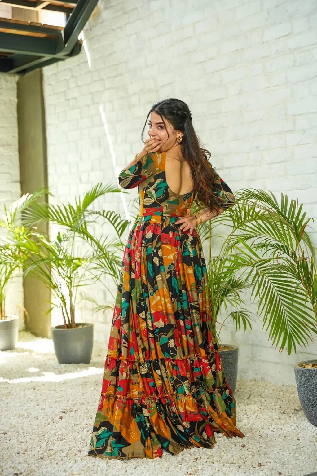 Floral Printed Anarkali Gown with Sweetheart Neck & 3/4 Sleeves
