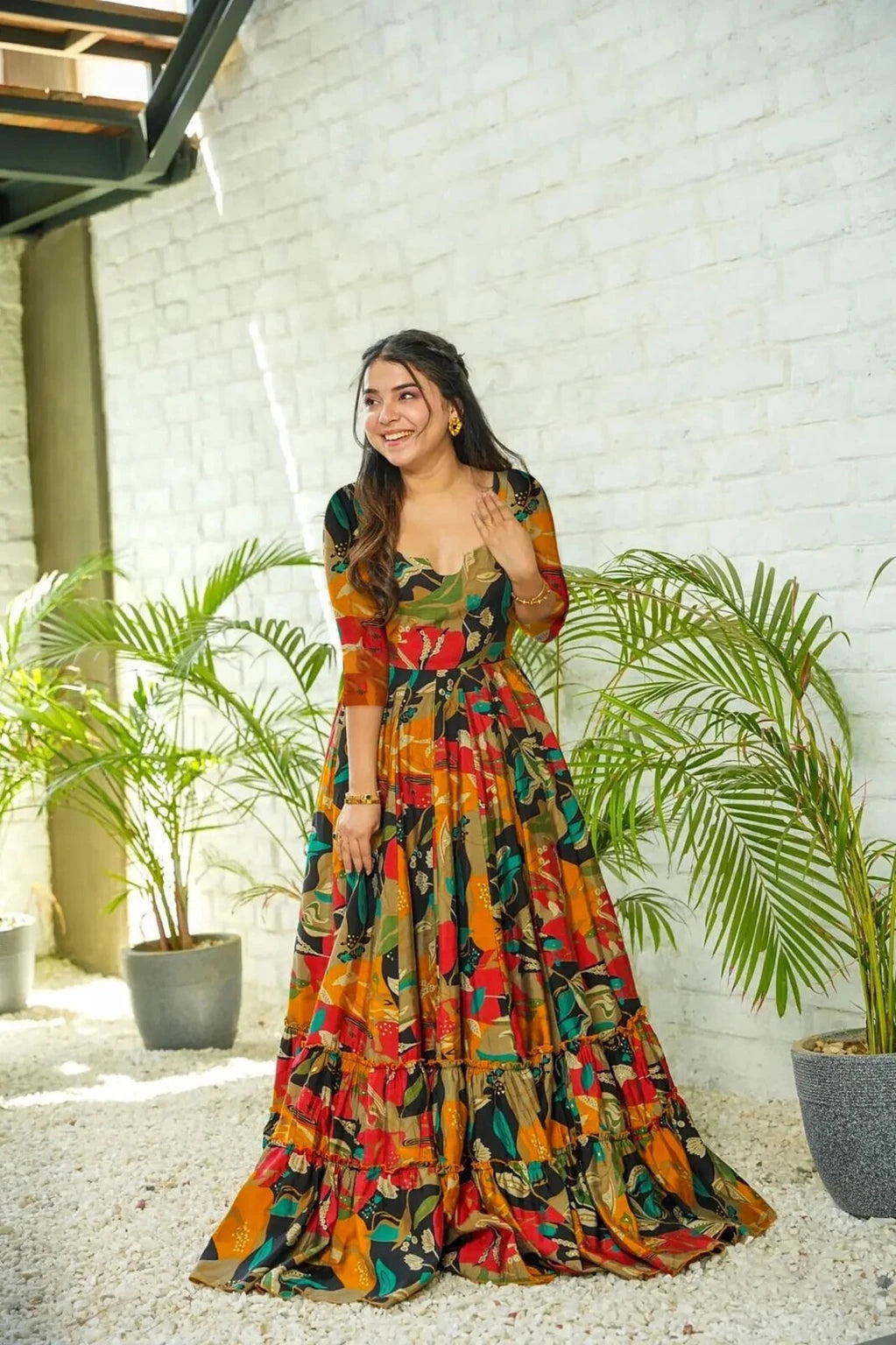 Floral Printed Anarkali Gown with Sweetheart Neck & 3/4 Sleeves