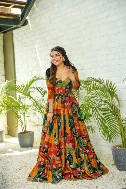 Floral Printed Anarkali Gown with Sweetheart Neck & 3/4 Sleeves