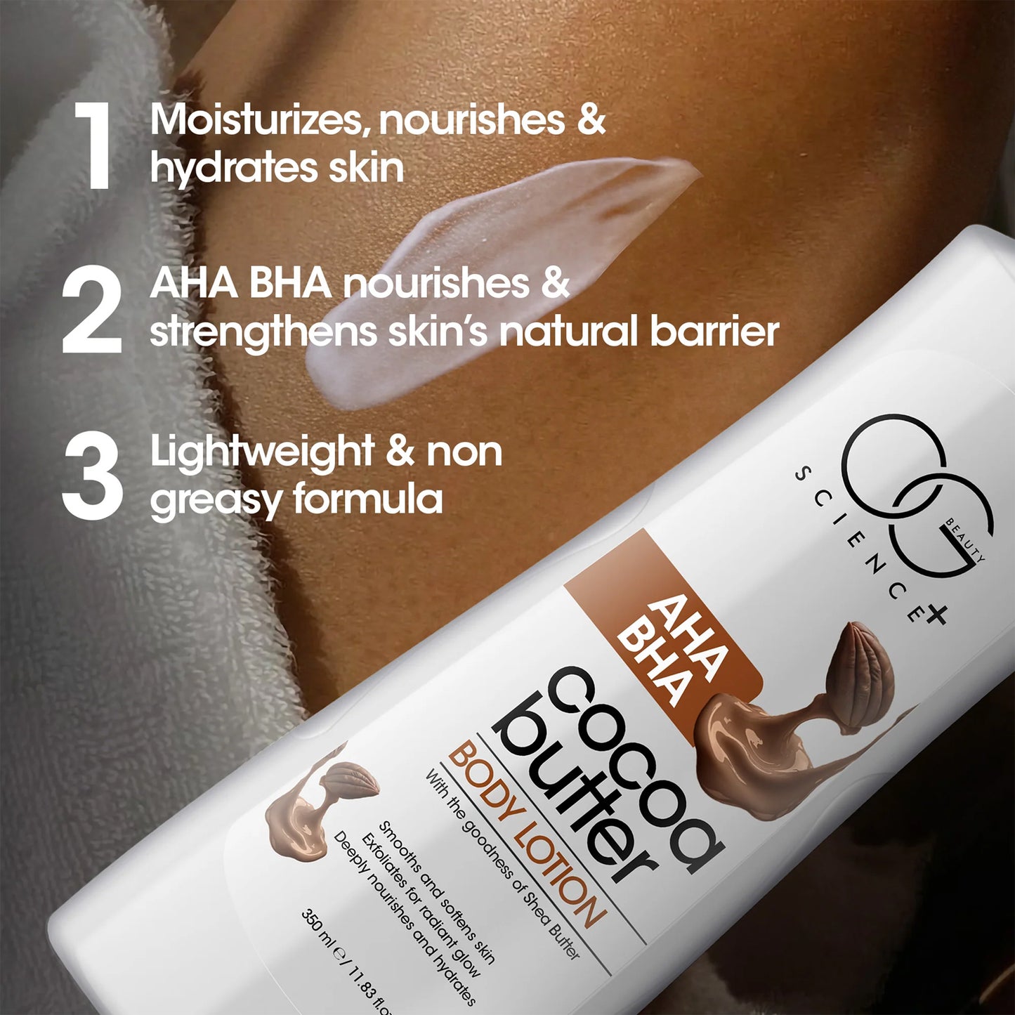OG Beauty Science+ Cocoa Butter Body Lotion with AHA & BHA – Shea Butter Enriched Advanced Skin Care Formula for Deep Moisturization, Exfoliation, and Radiant Glow – 350 ML Pump Bottle