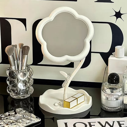 Flower-Shaped Makeup Mirror – Rotatable Vanity Mirror with Tray | Cute Aesthetic Tabletop Mirror for Desk & Room Decor