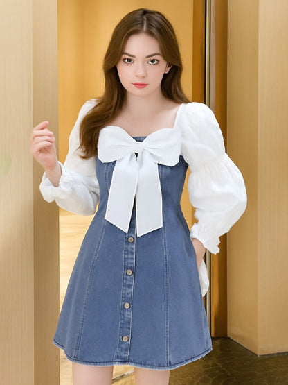 Square Neck Puff Sleeve Denim A-Line Dress