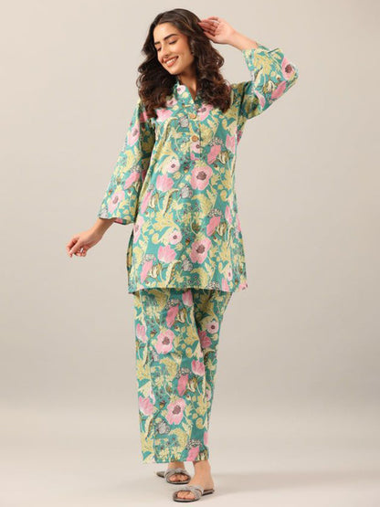 Floral Printed Mandarin Collar Pure Cotton Tunic With Palazzos