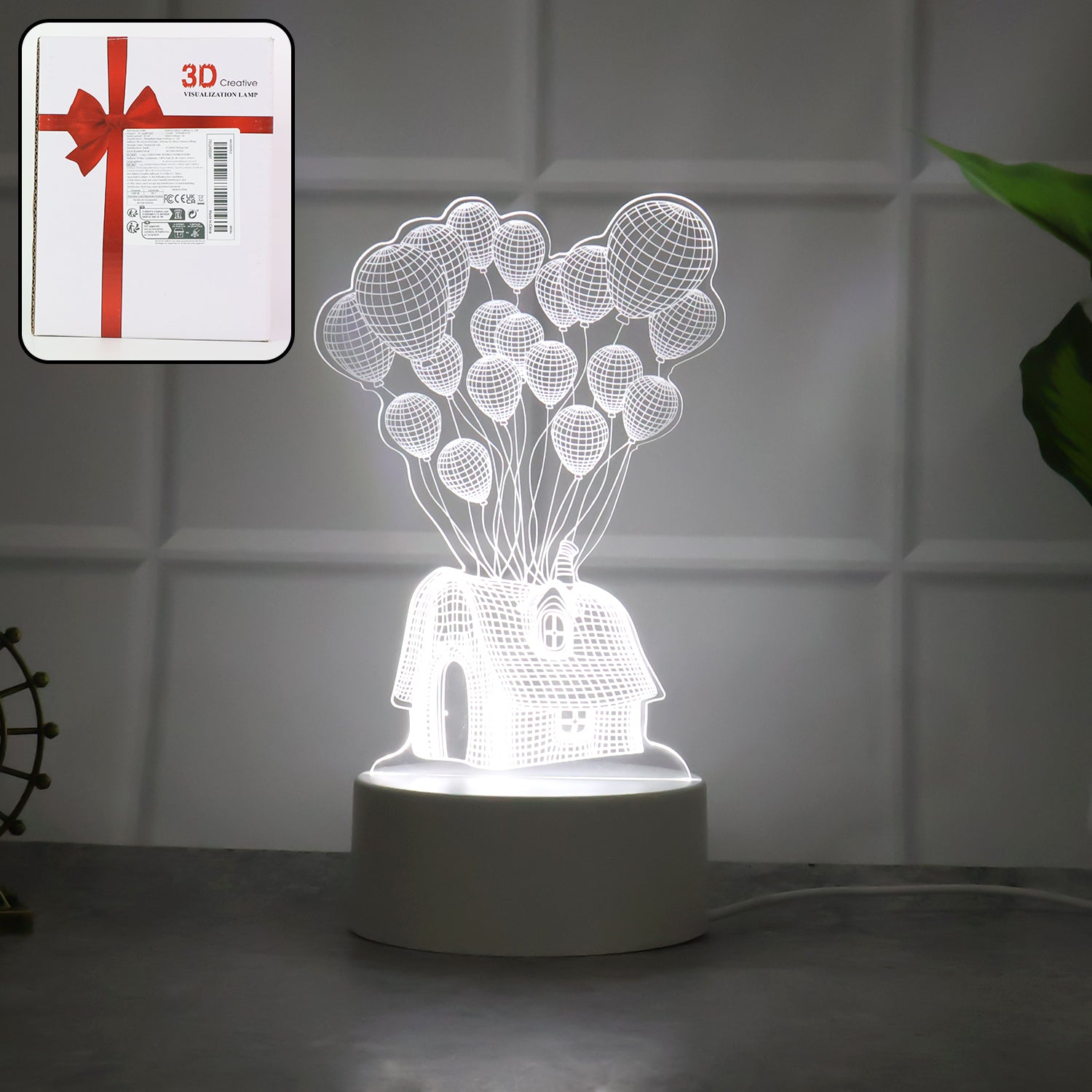 3D Illusion LED Night Lamp – House & Balloons Design Acrylic Table Light | USB Powered Decorative Lamp for Bedroom, Living Room & Kids Room