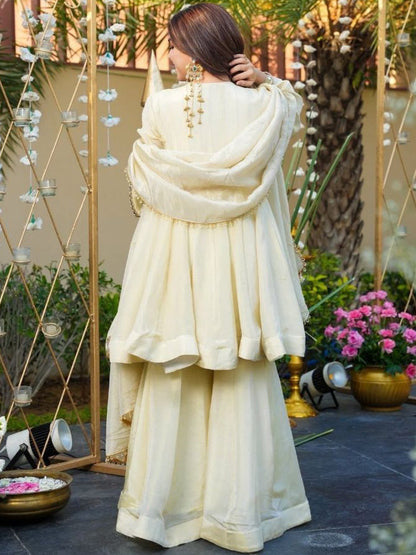 Women Chiffon Embroidered Kurta Set – Three-Quarter Sleeve Ethnic Wear