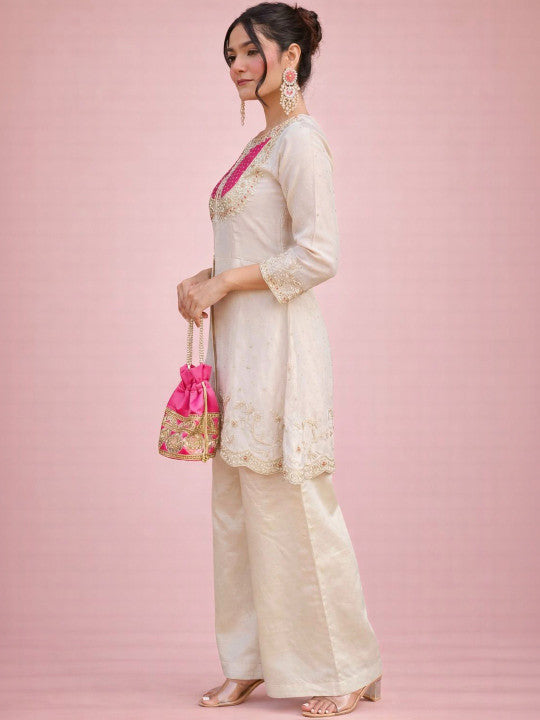Beige & Pink Embroidered Tunic with Palazzos for Women | Silk Blend Ethnic Co-Ord Set