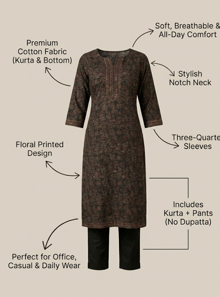Women Floral Printed Cotton Kurta Pant Set | Stylish Notch Neck Kurta for Women | Casual & Office Wear Ethnic Set