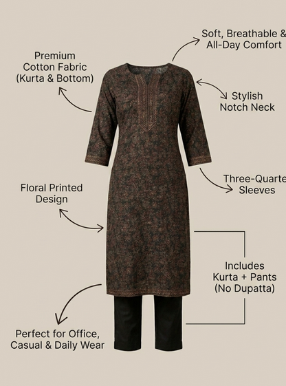 Women Floral Printed Cotton Kurta Pant Set | Stylish Notch Neck Kurta for Women | Casual & Office Wear Ethnic Set