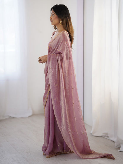 Mauve & Gold Sequinned Tissue Saree with Embellished Border