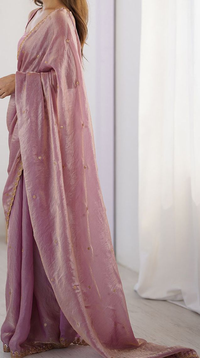 Mauve & Gold Sequinned Tissue Saree with Embellished Border