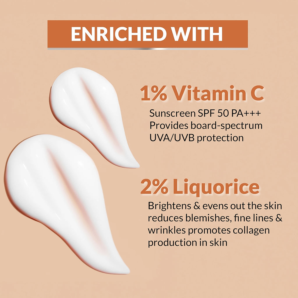 OG Beauty 50 ML Vitamin C Sunscreen SPF 50 PA+++ with Liquorice Extract – Broad Spectrum UVA/UVB Protection, Skin Brightening & Anti-Aging Sunscreen for All Skin Types