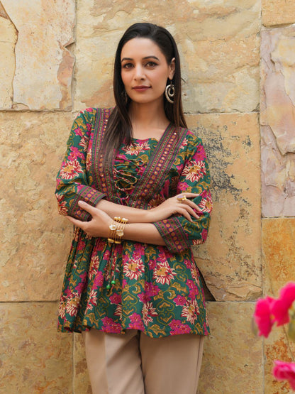 Women’s Floral Printed Rayon Peplum Top – V-Neck Tie-Up Kurti