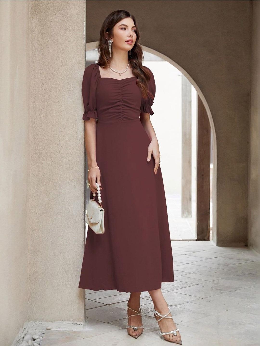 Puff Sleeve A-Line Midi Dress