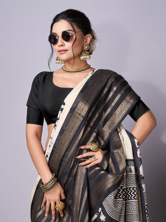 Black & White Floral Printed Chanderi Saree with Zari Border & Blouse Piece