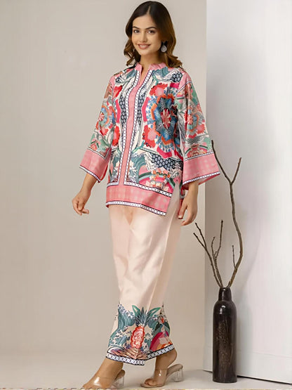 BYMNVYR Women’s Printed Cotton Kurti Palazzo Set – Mandarin Neck, Festive Wear
