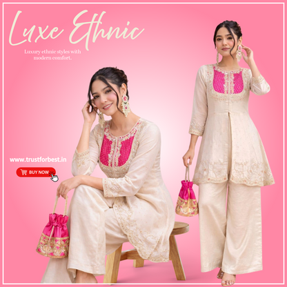 Beige & Pink Embroidered Tunic with Palazzos for Women | Silk Blend Ethnic Co-Ord Set