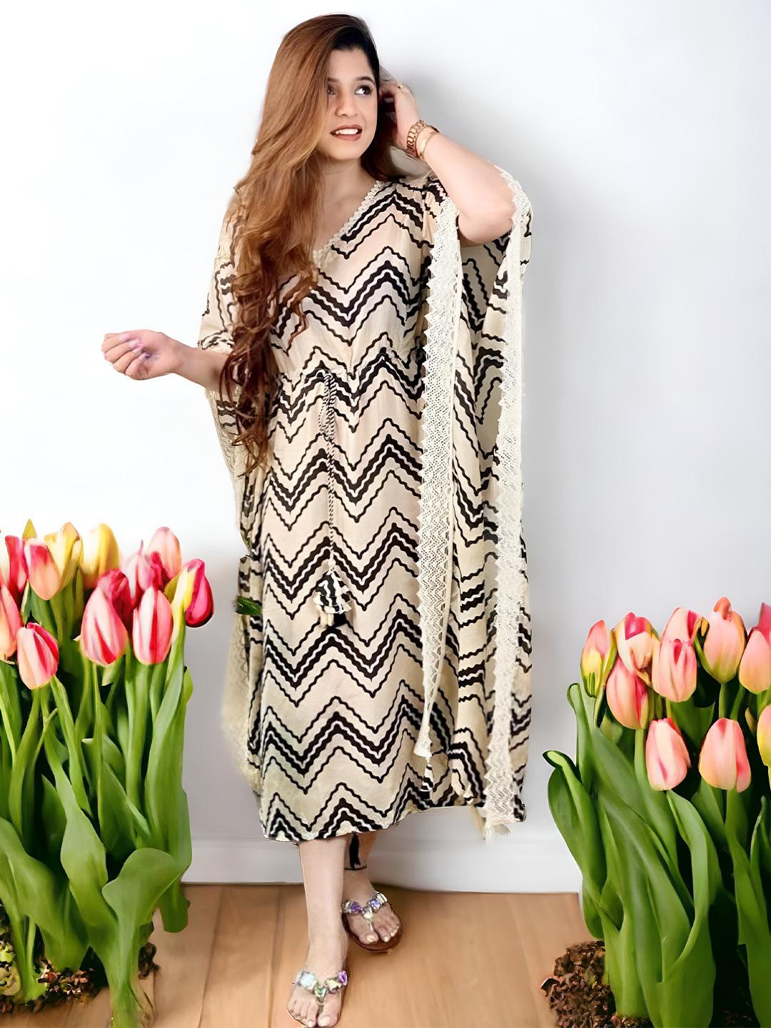 Beige Black Chevron Kaftan Dress