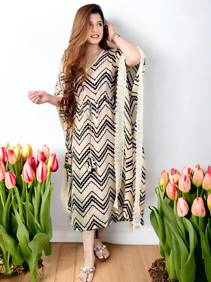 Beige Black Chevron Kaftan Dress