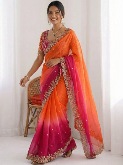 Multicoloured & Orange Ombre Dyed Embroidered Saree