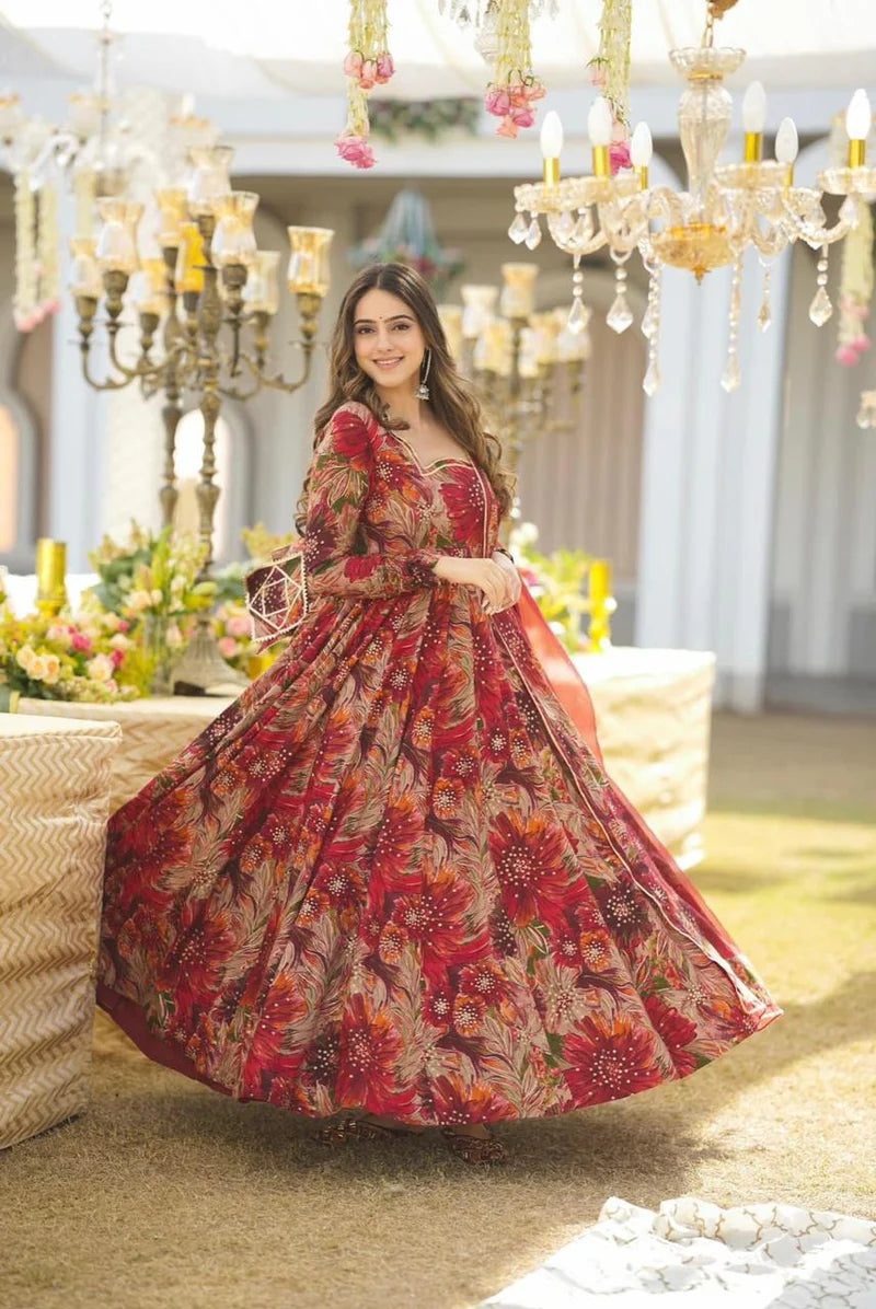 BYMNVYR Floral Anarkali Gown with Dupatta – Georgette, Long Sleeve, Party Wear (No Bottom)
