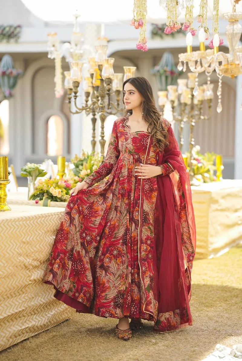 BYMNVYR Floral Anarkali Gown with Dupatta – Georgette, Long Sleeve, Party Wear (No Bottom)