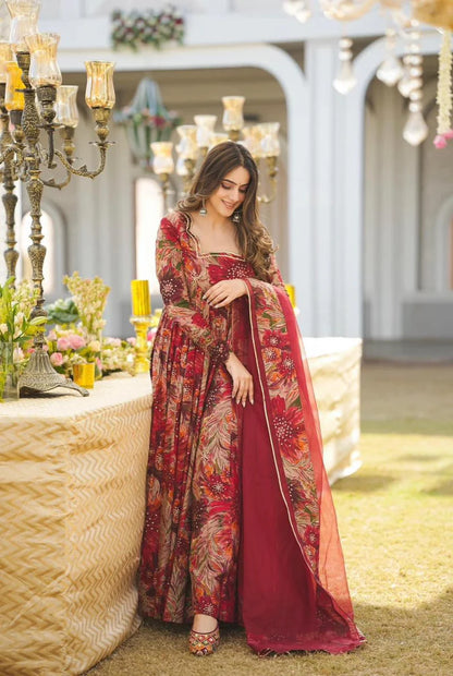 BYMNVYR Floral Anarkali Gown with Dupatta – Georgette, Long Sleeve, Party Wear (No Bottom)