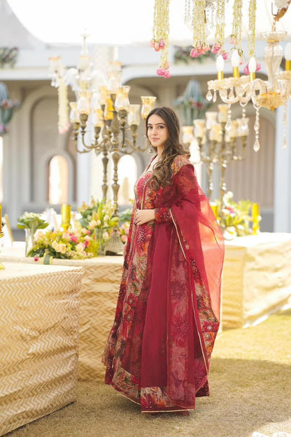 BYMNVYR Floral Anarkali Gown with Dupatta – Georgette, Long Sleeve, Party Wear (No Bottom)