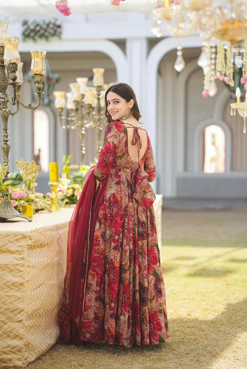 BYMNVYR Floral Anarkali Gown with Dupatta – Georgette, Long Sleeve, Party Wear (No Bottom)