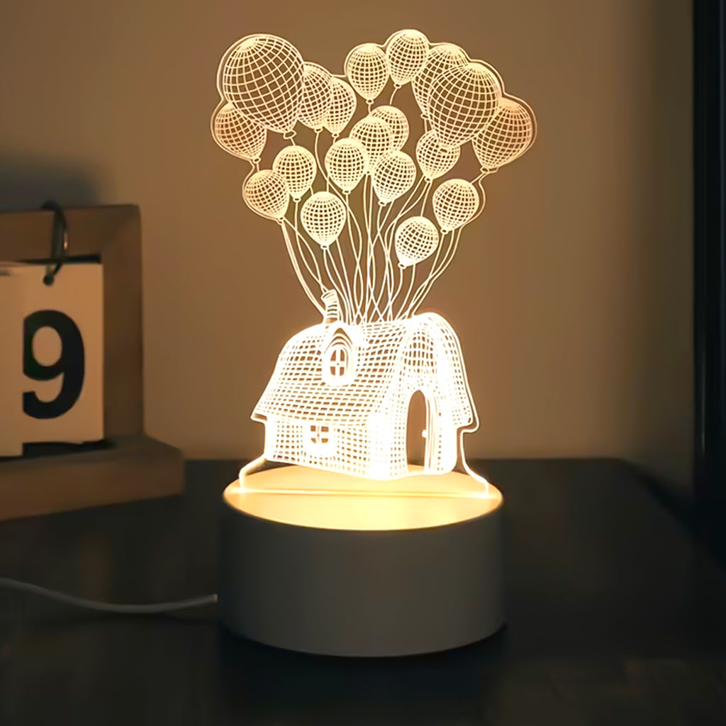 3D Illusion LED Night Lamp – House & Balloons Design Acrylic Table Light | USB Powered Decorative Lamp for Bedroom, Living Room & Kids Room