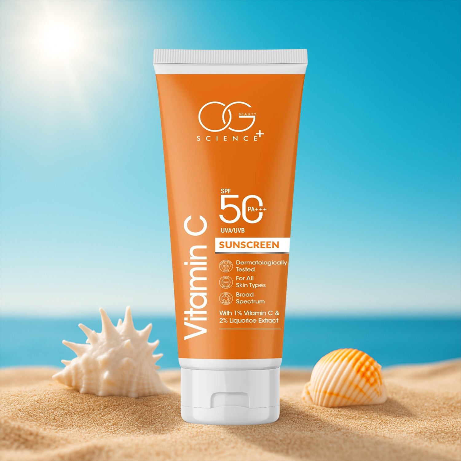 OG Beauty 50 ML Vitamin C Sunscreen SPF 50 PA+++ with Liquorice Extract – Broad Spectrum UVA/UVB Protection, Skin Brightening & Anti-Aging Sunscreen for All Skin Types