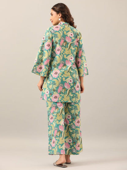 Floral Printed Mandarin Collar Pure Cotton Tunic With Palazzos