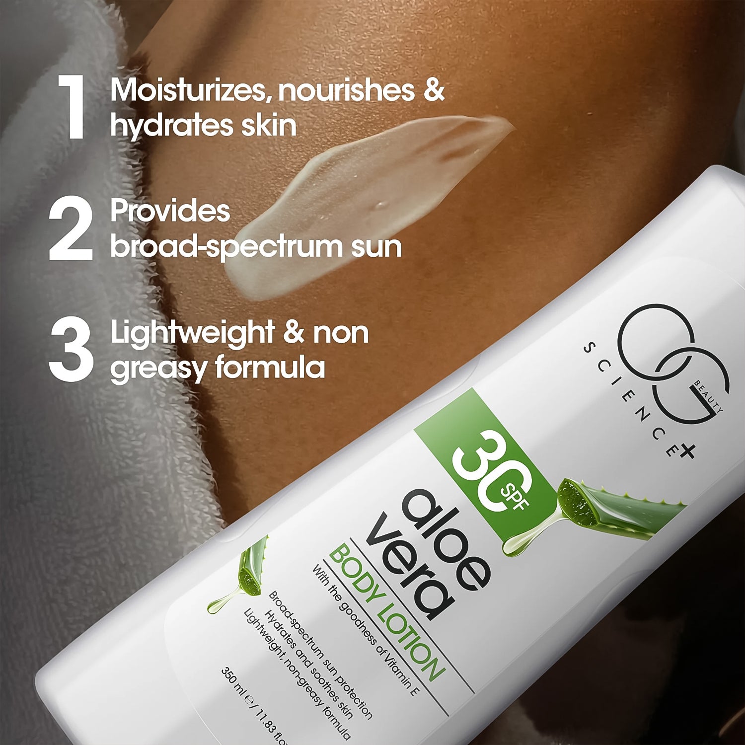 OG Beauty Science+ Aloe Vera Body Lotion with SPF 30 & Vitamin E – Deep Hydration, Sun Protection & Nourishing Lightweight Non-Greasy Skincare Formula – 350 ML Pump Bottle