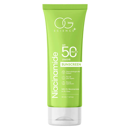 OG Beauty 50 ML Niacinamide Sunscreen SPF 50 PA+++ – Broad Spectrum UVA/UVB Protection, Dermatologically Tested Sun Cream for All Skin Types