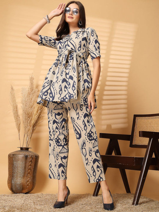 Blue & Beige Printed Pure Cotton Co-Ord Set for Women