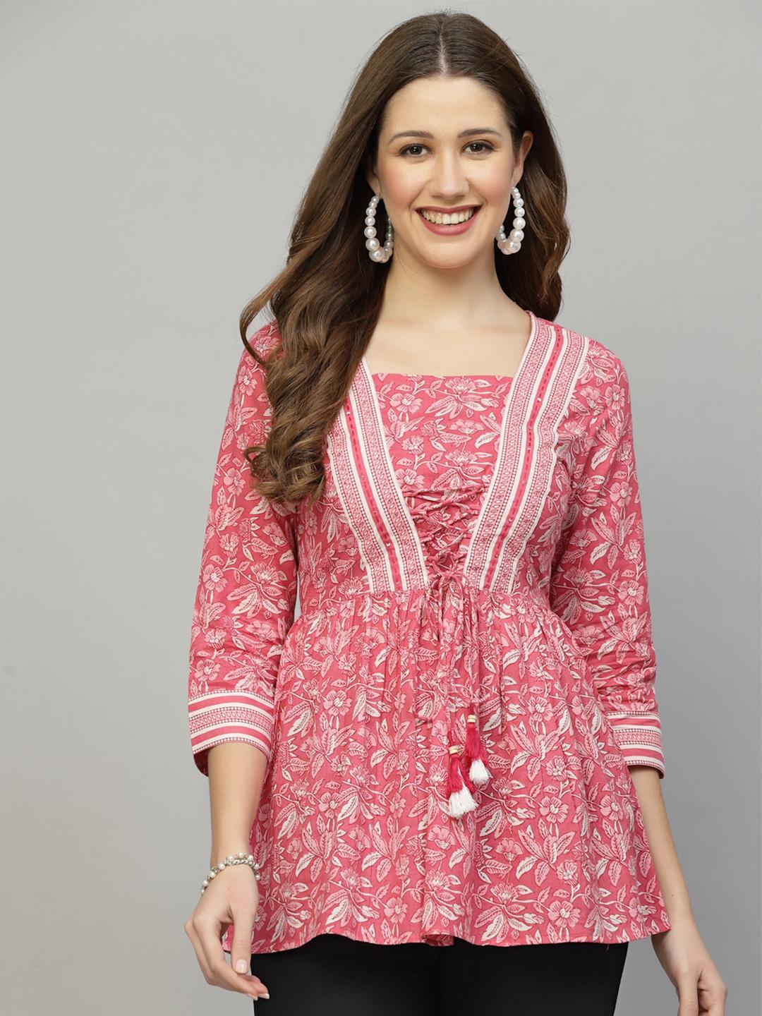 Pink Floral Cotton Empire Top for Women | Longline Square Neck Tie-Up Top