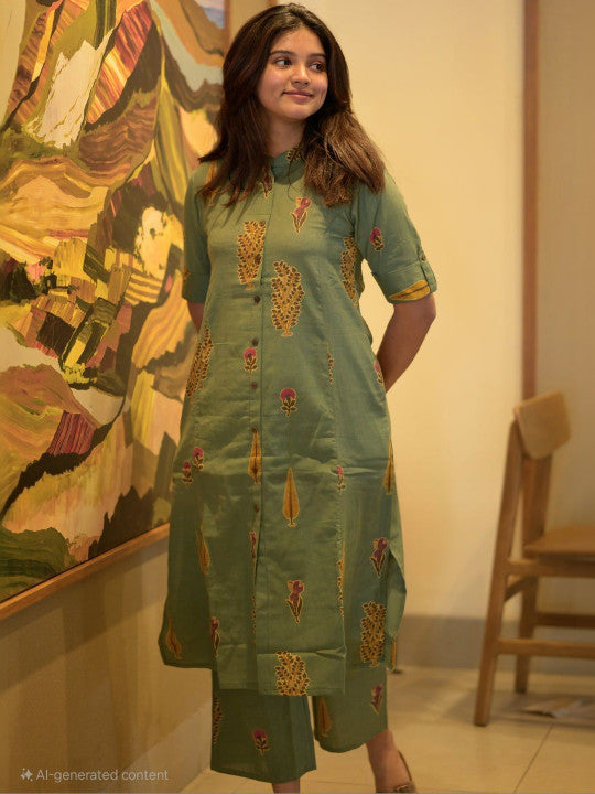 Women Ethnic Motifs Printed Mandarin Collar Kurta with Palazzos