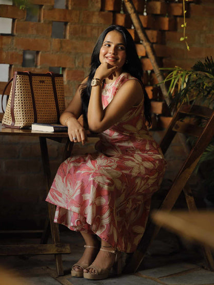 Floral Printed Band Collar Sleeveless Straight Kurta With Palazzos
